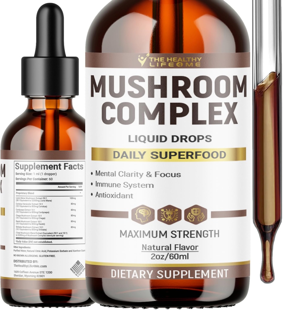 Complexo de Cogumelo Líquido □ Drops Líquidos de Ervas; Suplemento de Cogumelo; Mane de Leão, Reishi, Shiitake, Chaga, Cordyceps, Coriolus Versicolor
