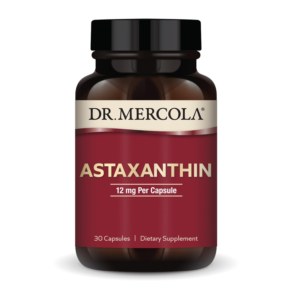 Dr. Mercola Astaxantina Orgânica - 12 mg Astaxantina - Apoio Antioxidante Poderoso - Extrato Orgânico de Microalgas - Não-GMO, Sem Glúten e Sem Soja - 30 Cápsulas (30 Servões)
