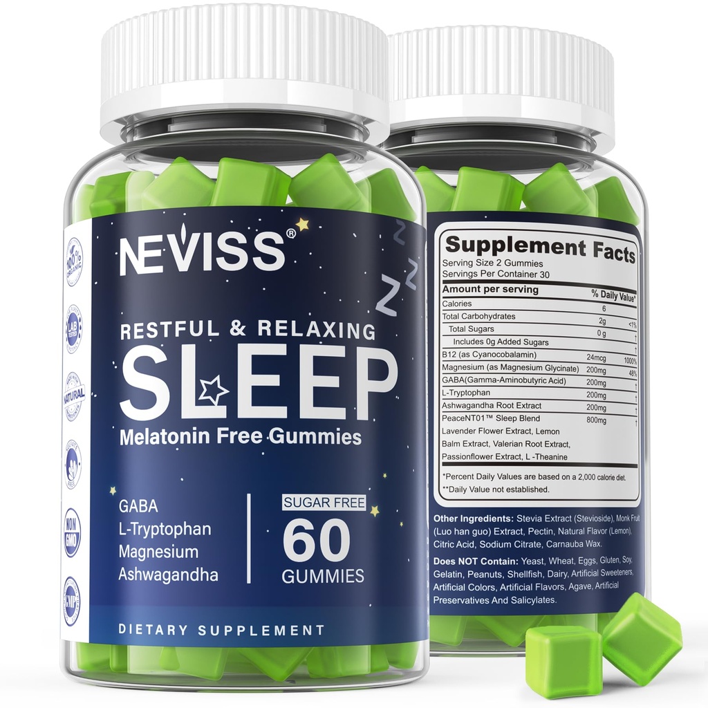 NEVISS Melatonina Free Sleep Aid Gummies for Adults - Magnésio Glicinate Gummies - GABA, L-Tryptophan, Magnésio, Ashwagandha - Não-Habit Forming, Ajuda para o relaxamento profundo - Vegan, Lemon Flavor, 1Pack