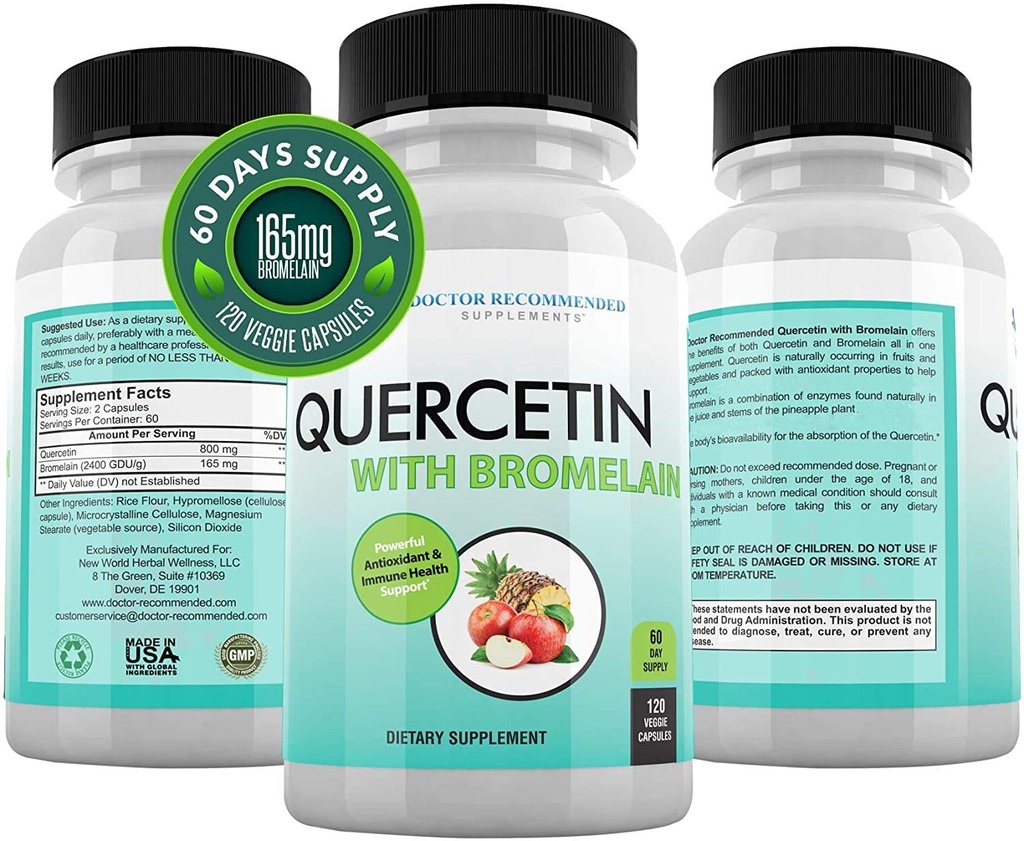 DOCTOR RECOMENDADO COMPLEMENTOS Quercetin 800mg w/Bromelain 165mg Por Servindo- 120 Cápsulas Veggie-Full 60 Dia Abastecimento, Suplemento Vitamina para Suporte e Bioflavonóides, Gluten Free, Não-GMO