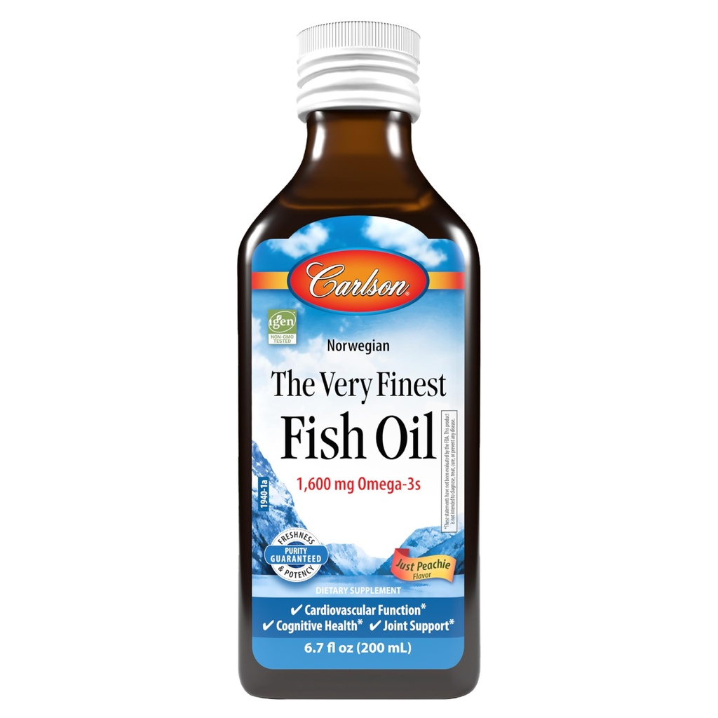 Carlson - O mais fino óleo de peixe, 1600 mg Omega-3s, suplemento de óleo de peixe líquido, óleo de peixe norueguês, Wild-Caught, óleo de peixe de origem sustentável líquido, apenas pêssego, 200 mL (6.7 Fl Oz)