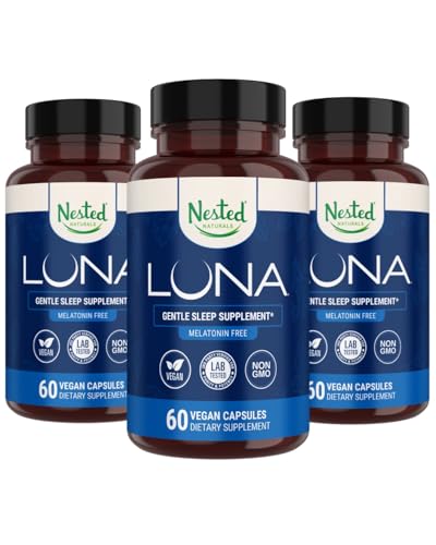 Aninhado Naturals Luna Melatonina Grátis, Não-Habit que forma ervas Suplemento de sono w / Camomila, Valerian, L-Theanina, 180 Cápsulas Vegan (60 Cápsulas por garrafa)