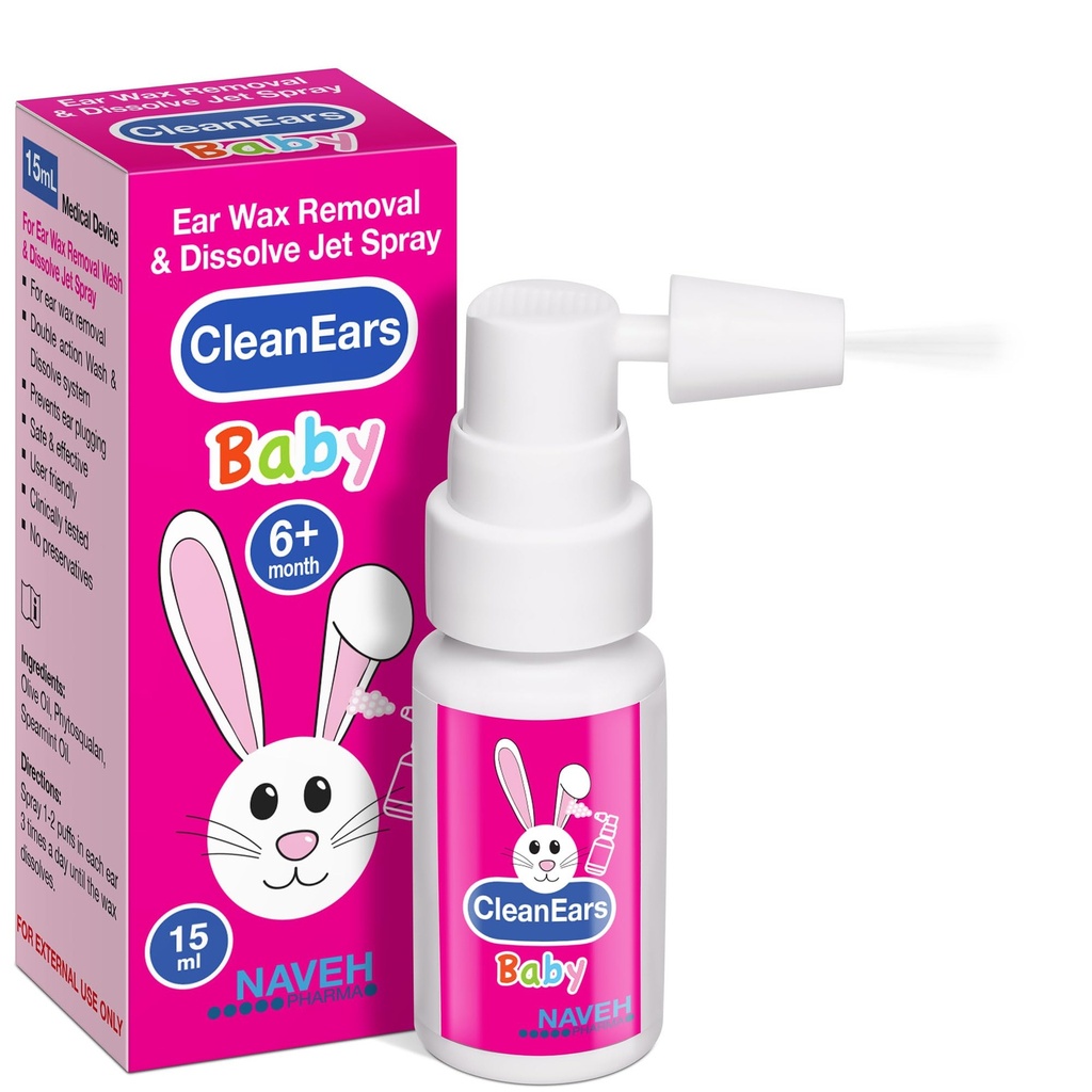 NAVEH PHARMA® CleanEars Baby □ Pulverizador de remoção de cera de ouvido de ação rápida; quebra e dissolve a cera de ouvido em apenas 1 tratamento; Clinicamente provado ser 300% mais eficaz; óleo mineral, gentil e seguro; 0,5 OZ