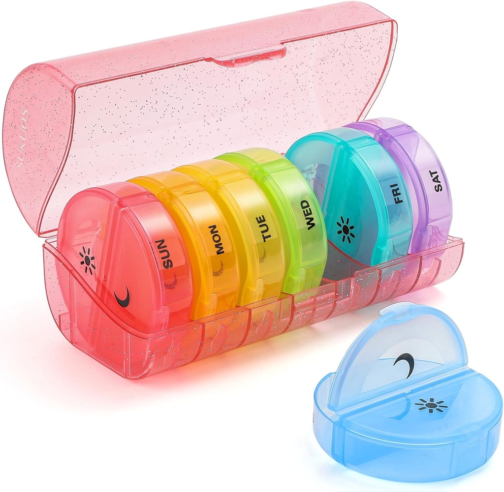 Sukuos grande organizador semanal de pílulas 2 vezes por dia, caixa diária de pílulas 7 dias fácil de abrir com proteção dupla, caso da pílula AM PM para medicina / Vitamina / óleo de peixe / suplementos (Glitter Pink)