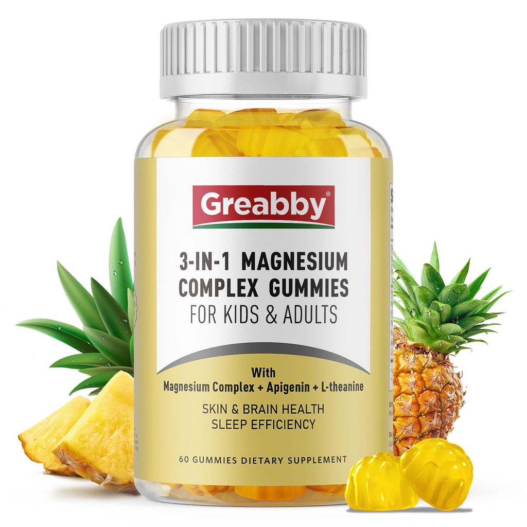 Triplo Magnésio Complex Gummies - 800mg Magnésio Glicinato & Citrato, Apigenina & L-Teanina, para Crianças e Adultos, Naturalmente Dormir & Cães Músculos (60 Contagem)