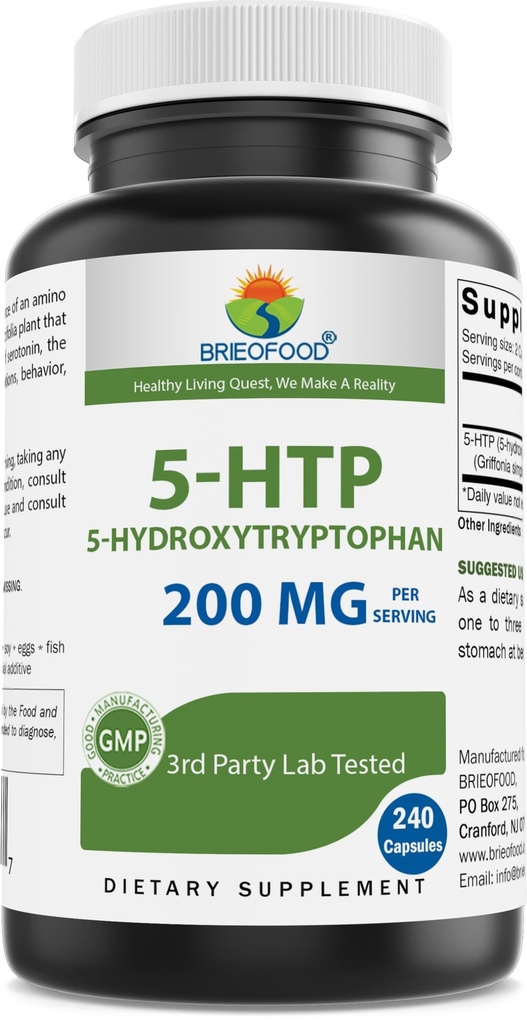 Brieofood 5-HTP 200mg por serviço - 240 Cápsulas - 5-Hydroxytryptophan para Relaxamento Saudável - Laboratório de 3a Festa Testado
