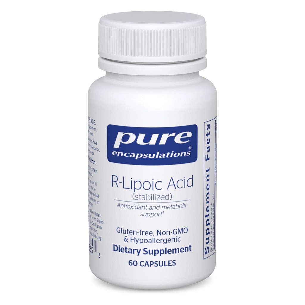 Encapsulamentos puros Ácido R-Lipoico (estabilizado) Suplemento hipoalergênico com Proteção Antioxidante Enhanced e Suporte Metabólico