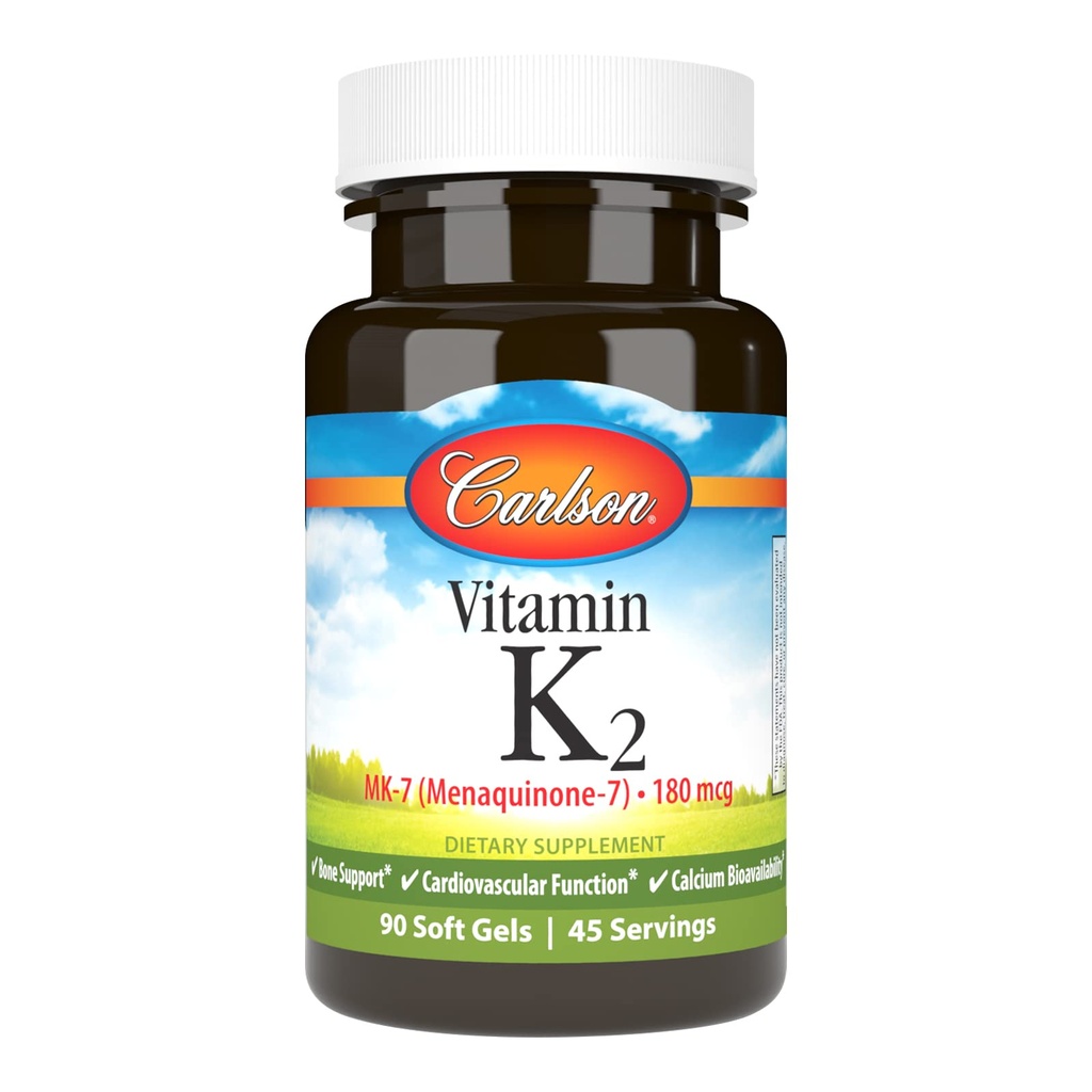 Carlson - Vitamina K2 MK-7 (Menaquinona), 180 mcg, suporte ósseo, biodisponibilidade de cálcio, vitamina K2, vitamina K-2, 90 Softgels