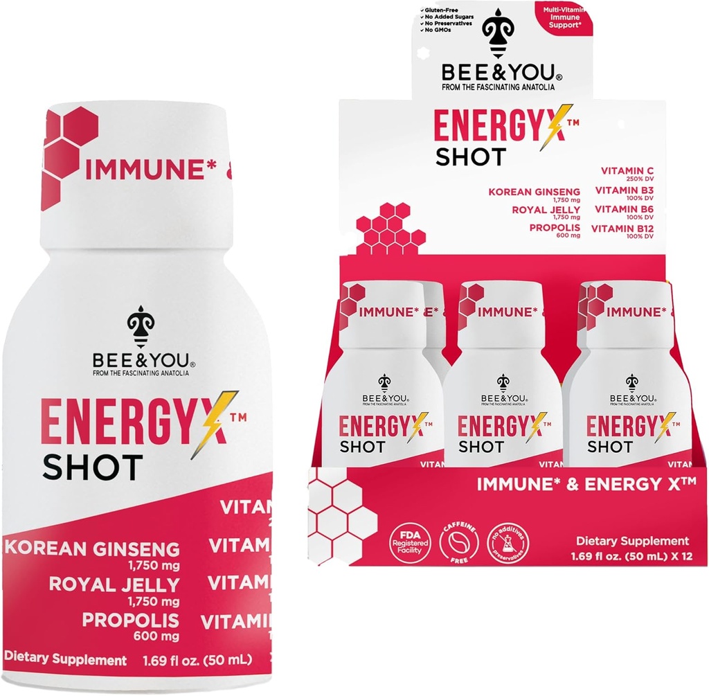 Bee and You Energy X Shot, 12 Pack, Korean Red Ginseng, Royal Jelly, Própolis, Cafeína Free Energy Drink, Vitamina C, B3, B6, B12, Imune Supplement, Antioxidantes, Flavor de Romã