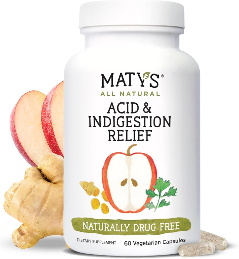 Matys Acid & Indigestion Relief Cápsulas, Alternativa antiácido seguro para refluxo ácido ocasional e azia, Feito com Apple Cider Vinagre, Soy & Gluten Free Vegetarian Cápsulas, 60 Count, 30 Servings