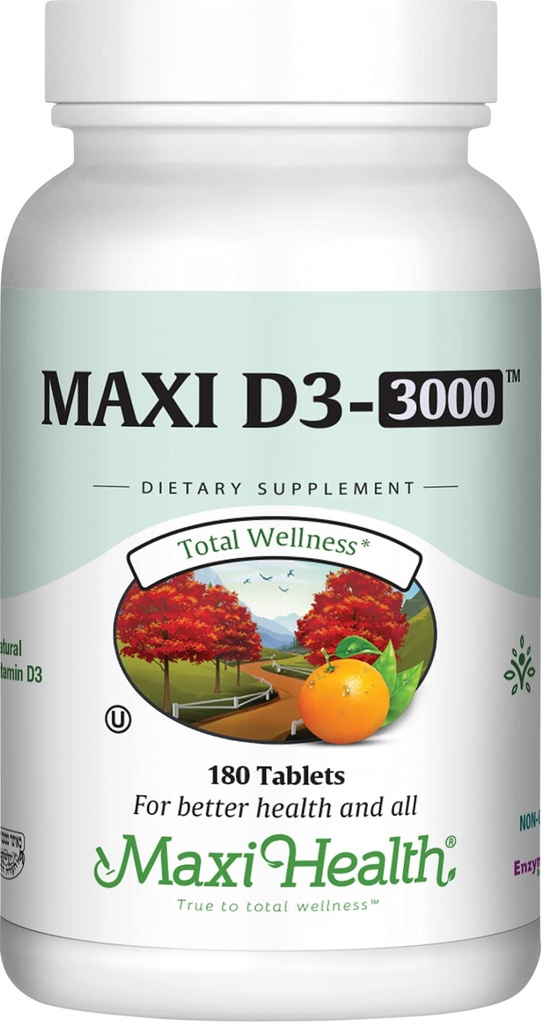 Maxi Saúde Vitamina D3 3000 UI 75 mcg Vitamina D Suplemento para Ossos Saudáveis, Dentes, Suporte Imune - VIT D3 Suplemento Fácil de Engolir Não-GMO, Suplemento para Homens e Mulheres – Kosher (180 Comprimidos)