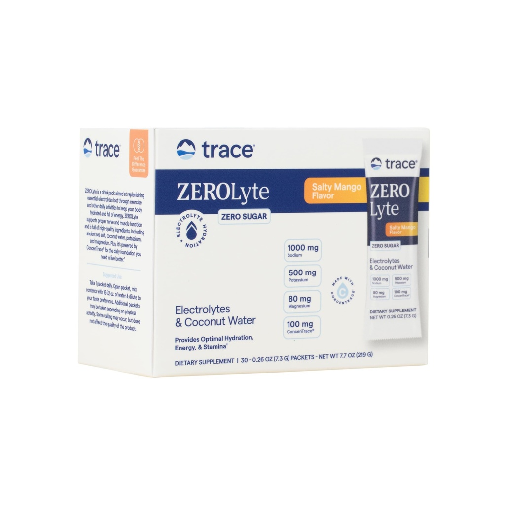 Trace Minerals ZeroLyte - Drink Mix Powder Suporta Hydration & Energy - Aids Nervo saudável e função muscular - Apoiar Coração & Digestion Health - Manga salgada, 30 pacotes (30 servimentos)