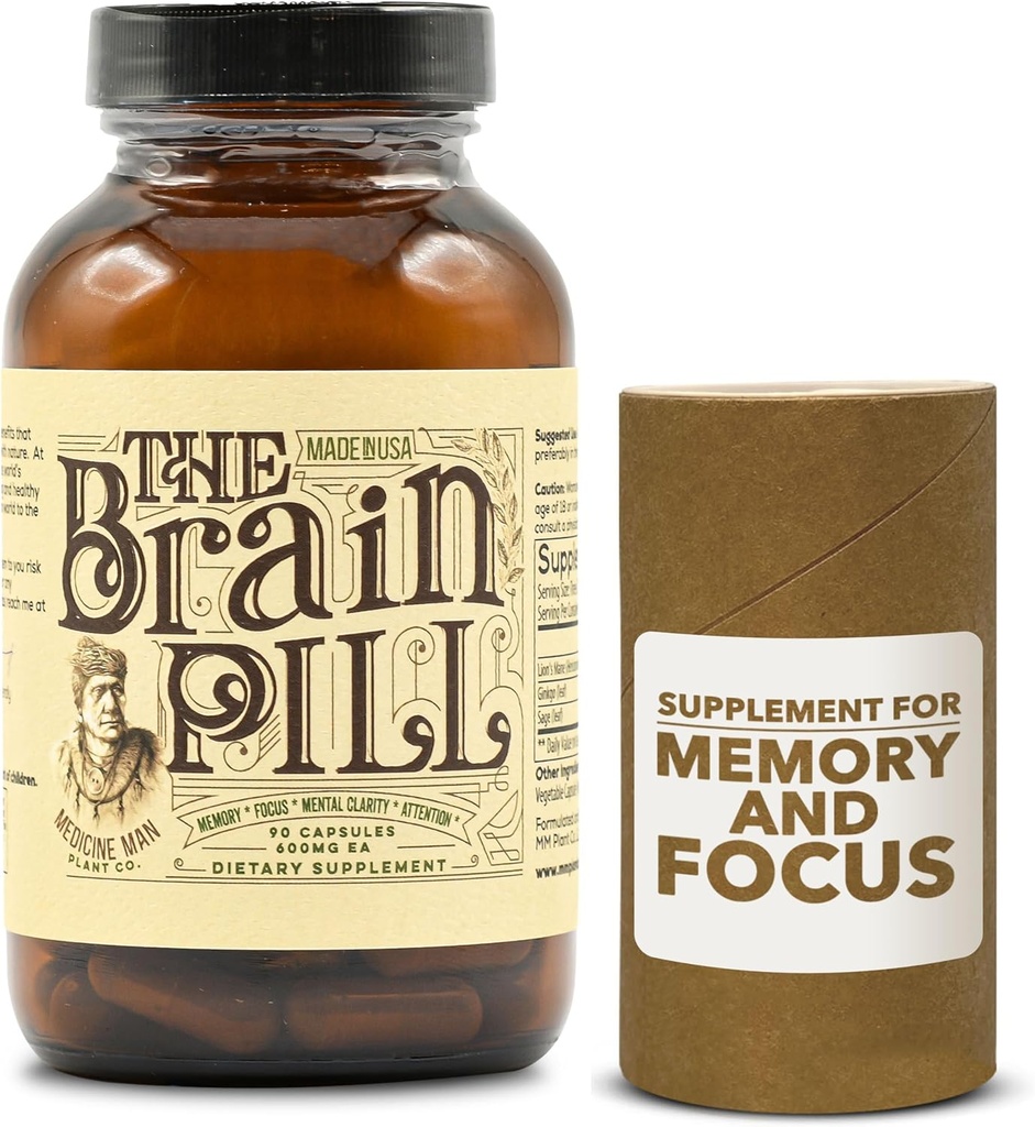 The Brain Pill 90 Cápsulas – suplemento orgânico do impulsor cerebral - pílulas de memória para cápsulas do cérebro w/ Ginkgo Biloba, Mane & Sage do leão - suplemento do reforço do cérebro para foco, memória, clareza, energia