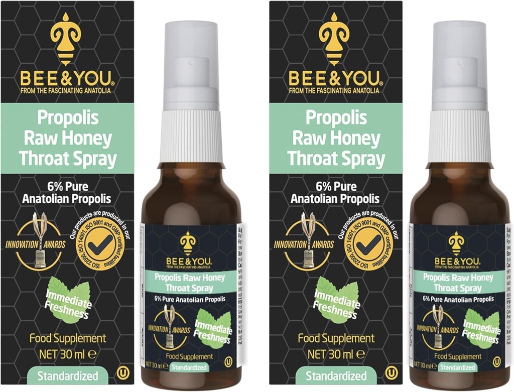 Bee e você spray de garganta de mel cru, extrato de própolis 100% puro, suporte imunológico, alívio de garganta e congestionado, saúde oral, antioxidantes, Natural, Keto, Paleo, Gluten-Free 1 FL Oz (Pacote de 2)