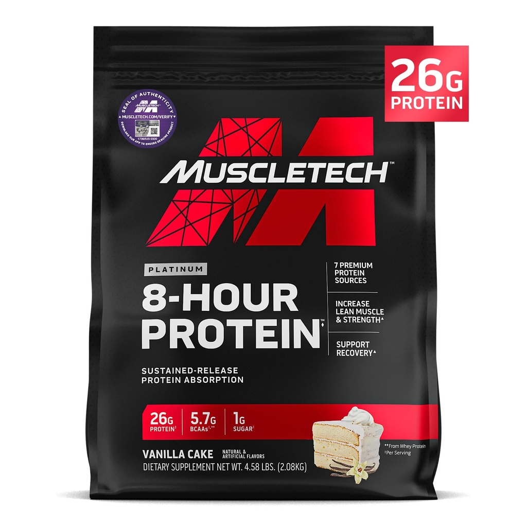 MuscleTech Platinum 8-Hour Protein Powder - 7 Fontes de proteína Premium com Whey & Casein Protein para aumento do músculo magro, força e recuperação melhorada - bolo de baunilha, 50 Servings