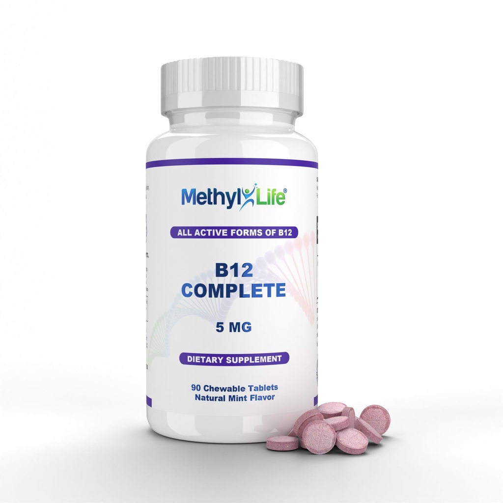 Metil-Vida B12 Complete Professional Strength Active B12 3 Meses Fornecimento. Mastigações. 2,5 mg Metilcobalamina Metil, 1,25 mg Hidroxocobalamina (Hydroxy) e 1,25 mg Adenosilcobalamina