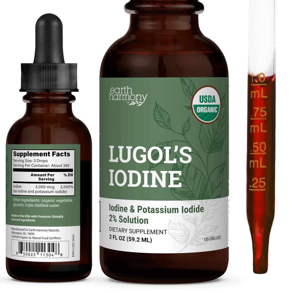 Iodo, Iodo e Iodo de Lugol orgânico Solução de Iodo de Potássio a 2% 3000 mcg - Suplemento Líquido Drops para Apoio à Tiróide para Mulheres e Homens, Metabolismo Saúde, Detox Boost - Não-GMO, 395 Servings (2 Oz)