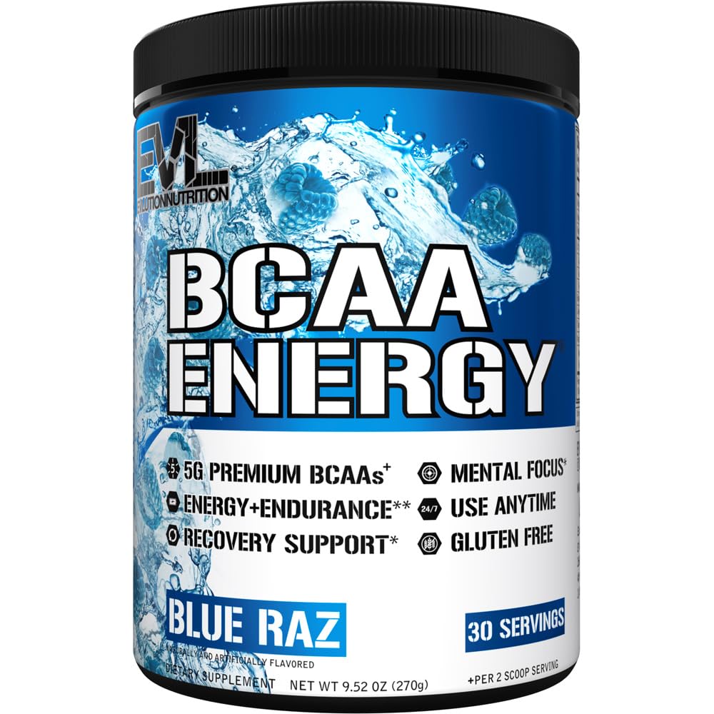 EVL BCAAs Aminoácidos Pó - BCAA Energia Pré-treino Pó para Recuperação Músculo Crescimento Lean e Endurance - Reidratação pós-treino Recuperação Bebida com Cafeína Natural - Raz Azul