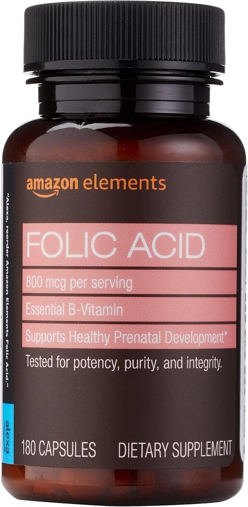 Elementos - Ácido Fólico, 800 mcg por porção, Tablet, 180 Count, Pack of 1, Suplemento Alimentar Feminino para Desenvolvimento Pré-natal Saudável, 6 Meses de Abastecimento