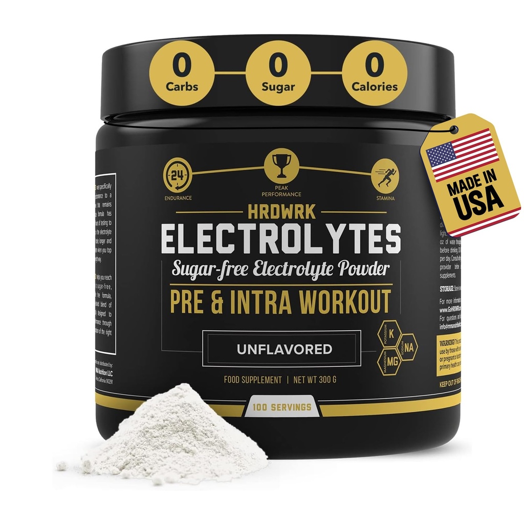 HRDWRK - Eletrólitos Pó Keto Hydration Açúcar Livre de Magnésio, Potássio e Sódio - 100 ServÃμes - Aumente a resistência e reduza a fadiga com este Suplemento de Eletrólitos - Hidratação Máxima