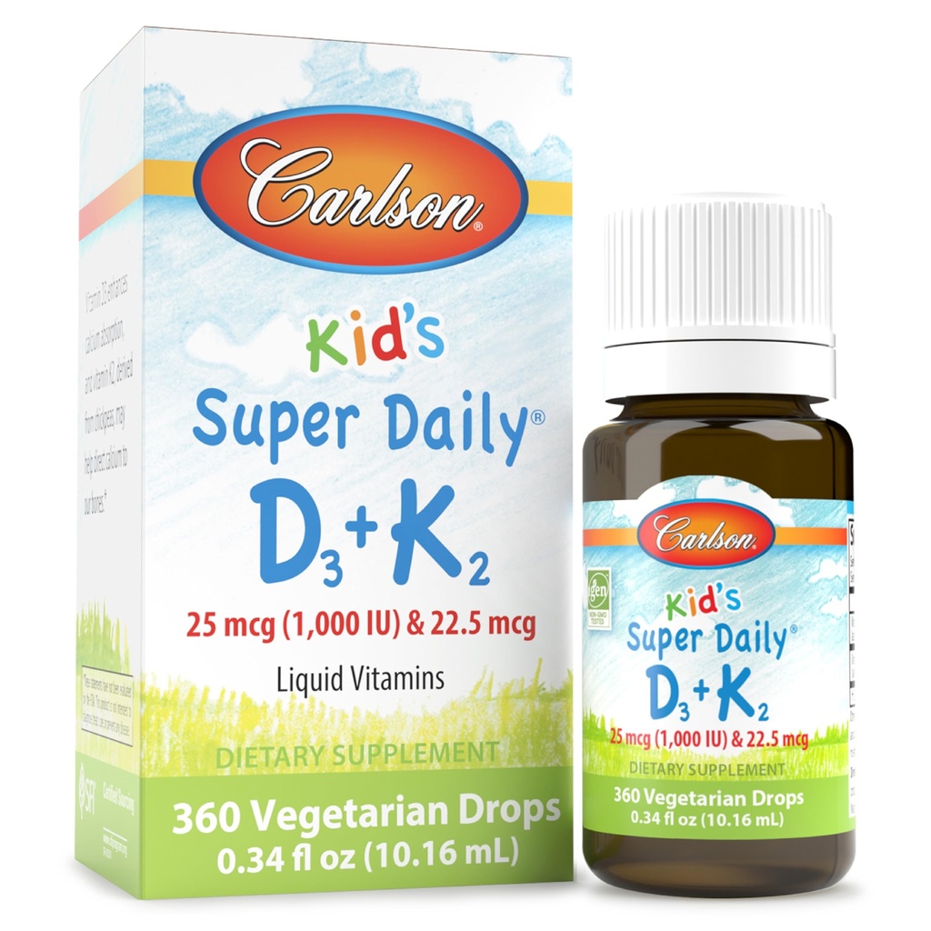 Carlson - Super diário D3+K2, 25 mcg (1.000 UI) D3 & 22,5 mcg K2, gotas de vitamina D com vitamina K2, vitaminas líquidas, 1000 UI Vitamina D3, saúde do coração e osso, fornecimento de 1 ano, sem sabor, 360 gotas