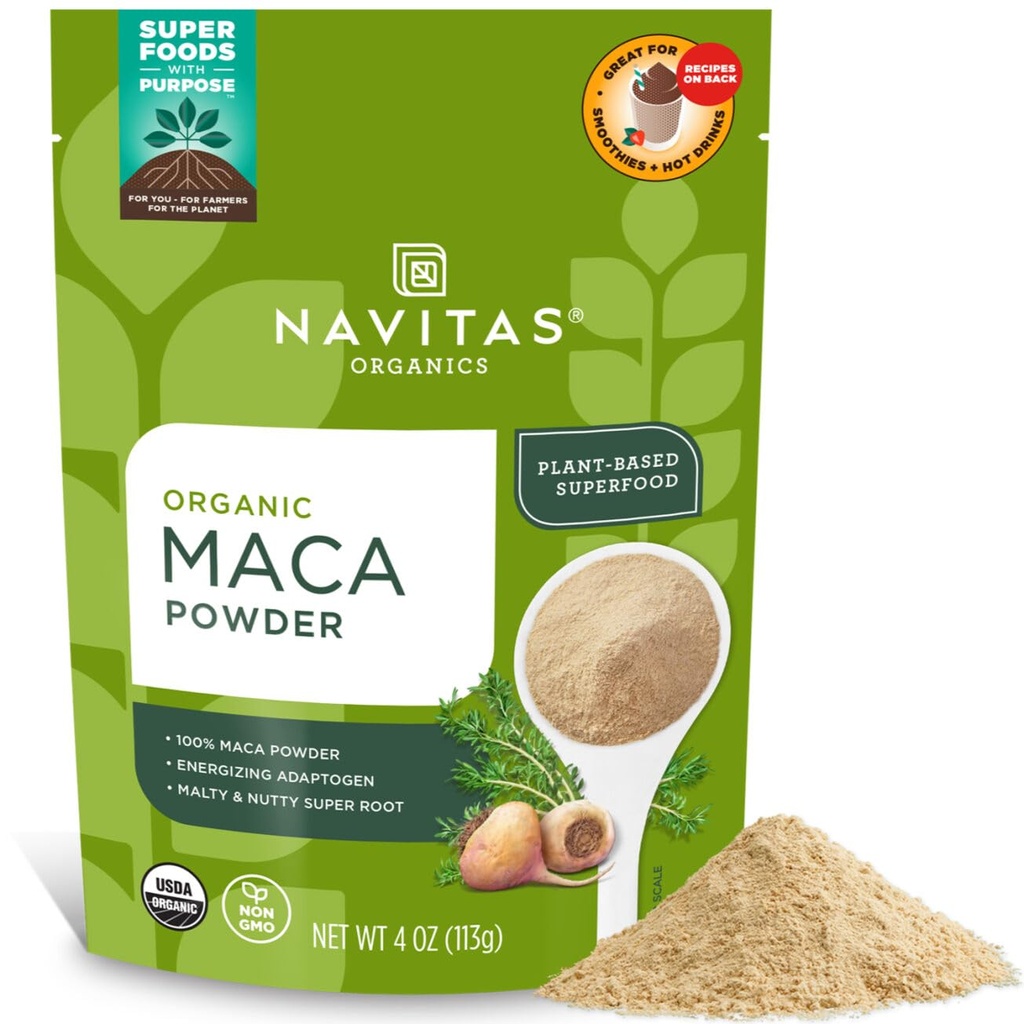 Navitas Organics Maca Powder – 100% gelatinized Peruano Maca para Smoothies Adaptogen, Lattes, Baking & More – Energize & Balance - USDA Organic, Non GMO, Vegan, Gluten Free (4 oz. Bag, 23 Servings)