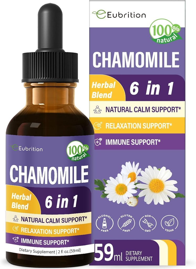 Erva de camomila Extract Drops, Natural Calm Herbal Tincture Supplement w / Passion Flower, St. John's Wort, Lavanda, Reishi, & Echinacea para suporte de relaxamento e suporte imunológico. 2 onças