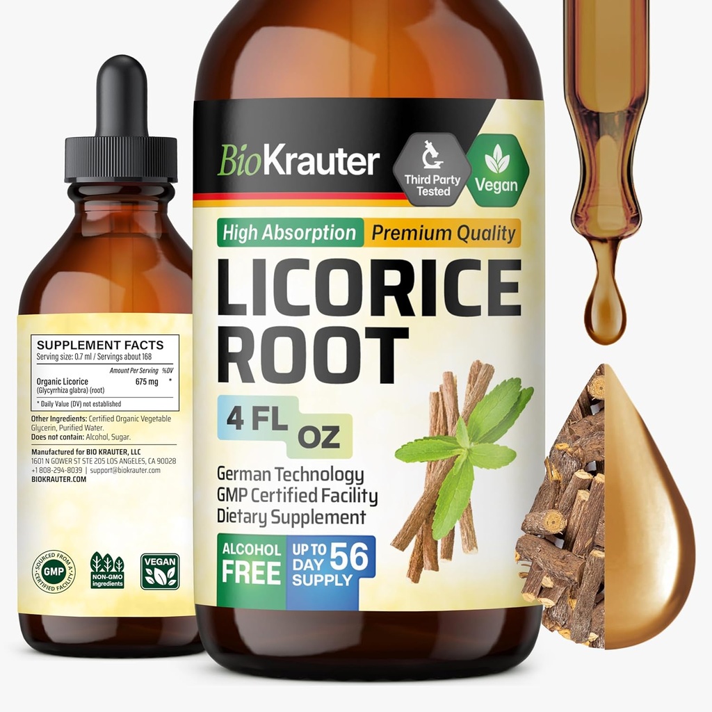 BIO KRAUTER Alcaçuz Root Tintura - Alcaçuz Raiz Extrato para Apoio Digestivo - Álcool e Açúcar Grátis - Vegan Drops 4 Fl.Oz.