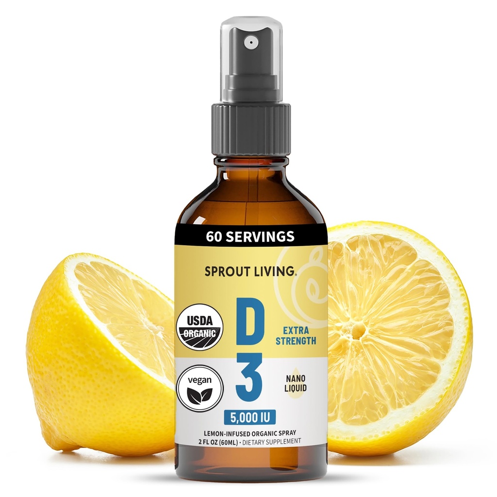Sprout Vivo Vitamina Orgânica D3 5000 UI (Lichen) Spray para suporte imunológico e saúde óssea □ Trace Minerals com verdadeiro extrato de limão e citrinos, livre de açúcar (2 FL OZ, 60 Servings)