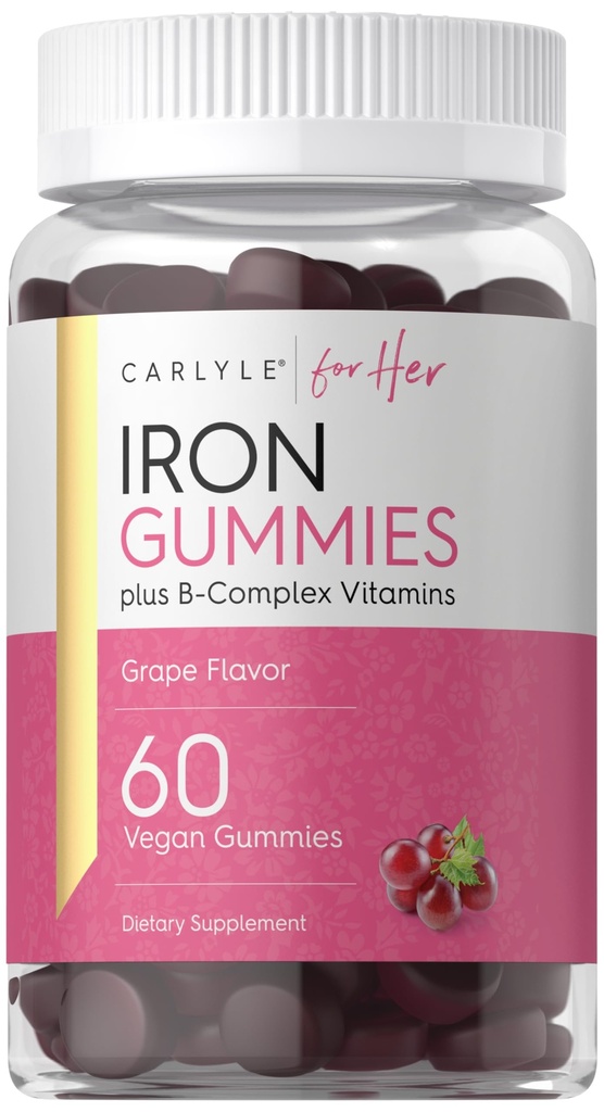 Carlyle Pastilhas de ferro  , além de vitaminas B-Complexo , 60 chicletes Vegan , sabor de uva , Não-GMO, Suplemento sem glúten