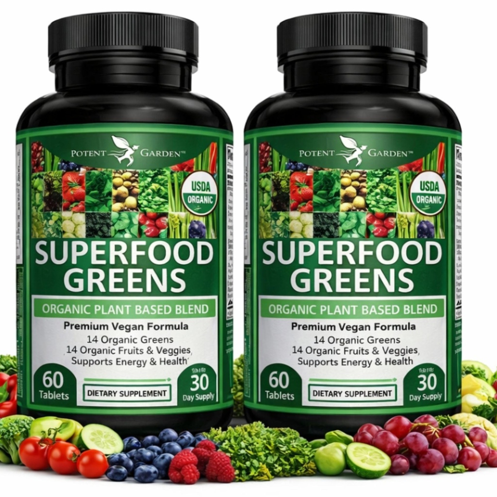 Potent Garden 2-Pack Orgânico Superfood Verdes, frutas e legumes Suplemento rico em vitaminas e antioxidantes com Alfalfa, beterraba raiz & tart cereja para aumentar a energia, imunidade e gut saúde, 120 Ct