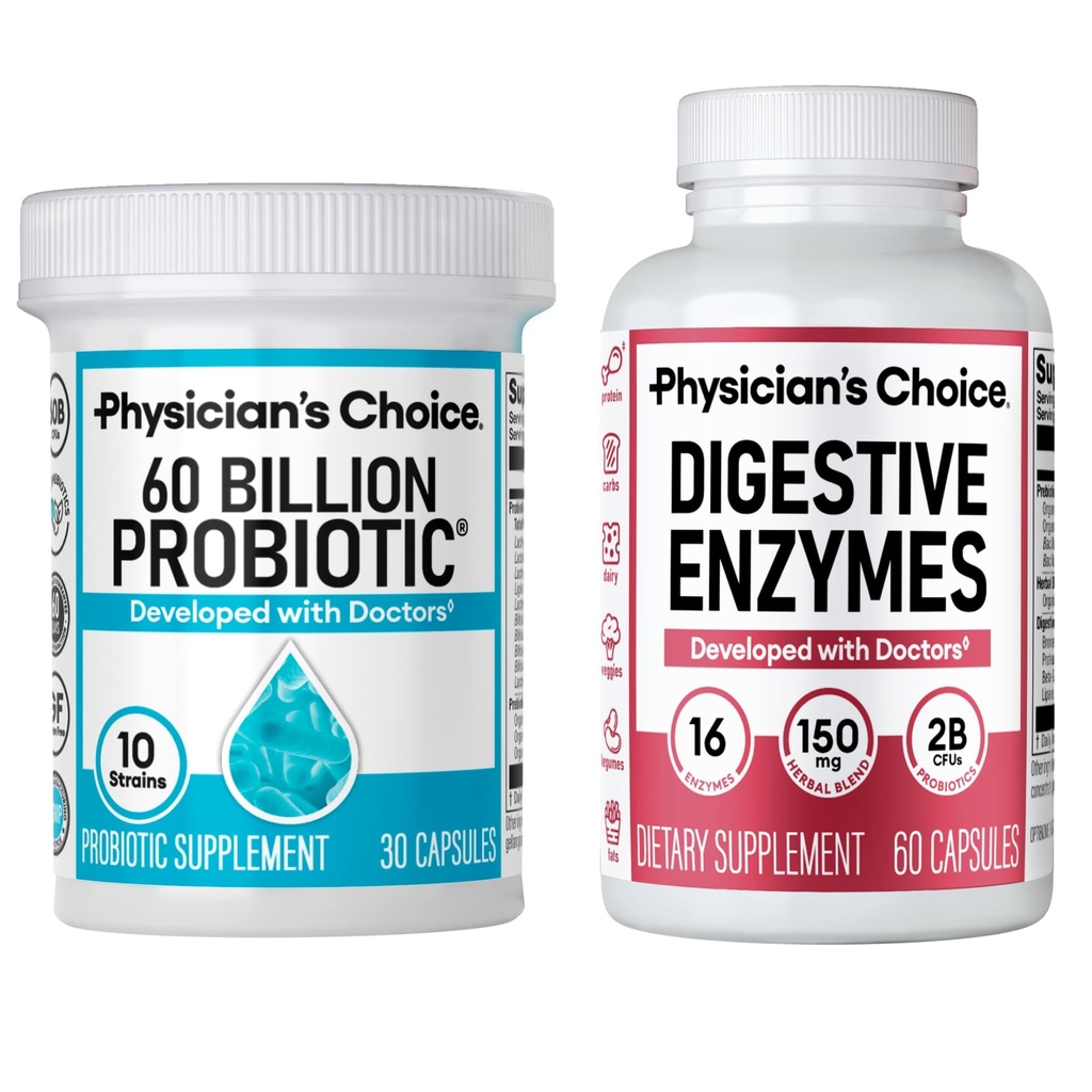 ESCOLHA DO MÉDICO - Pacote de Saúde de Gut Optimal: 60 Bilhões de Probióticos + Enzimas Digestivas para Conforto Digestivo e Suporte Imune
