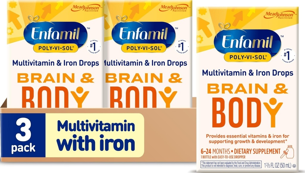 Enfamil Poly-Vi-Sol com gotas de ferro líquido multivitamínico, suporta crescimento e desenvolvimento*, frasco de 50mL (Pacote de 3)