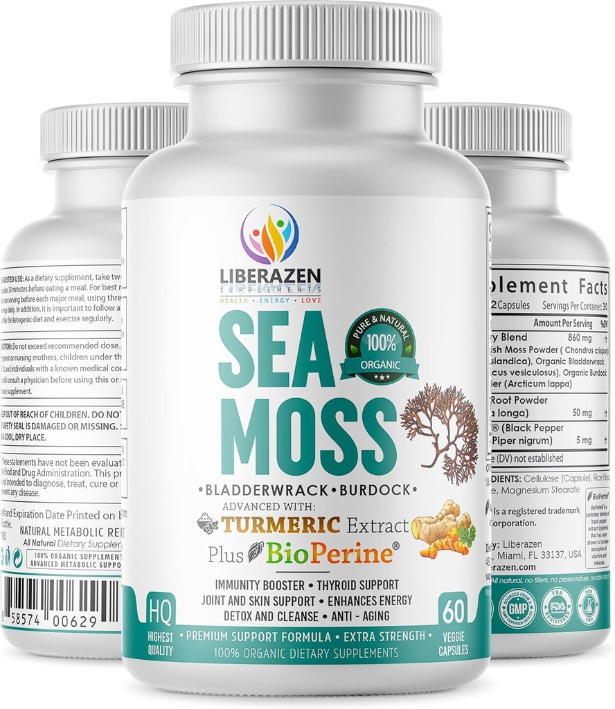 Pills Orgânico Irish Sea Moss - Dr Sebi Inspirado Seamoss Mistura com Açafrão, Raíz de Burdock & Besouro, Melhorado com Pimenta Negra - 60 Cápsulas