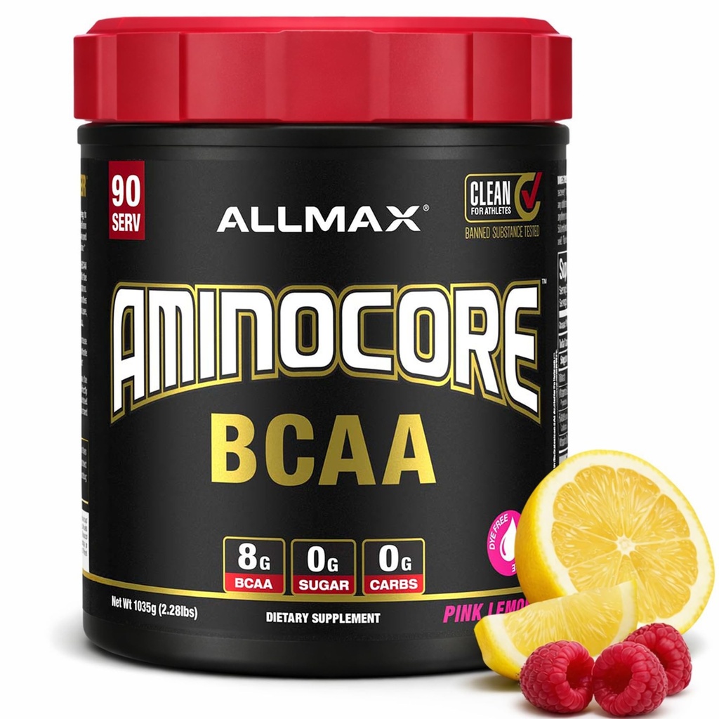 ALLMAX Nutrition AMINOCORE BCAA, Limonada Rosa - 945 g Pó - 8.18 Grams of Branched Chain Amin Acids Per Serving - with B Vitaminas - No Fillers or Non-BCAA Aminos - Sugar Free - 90 Servings