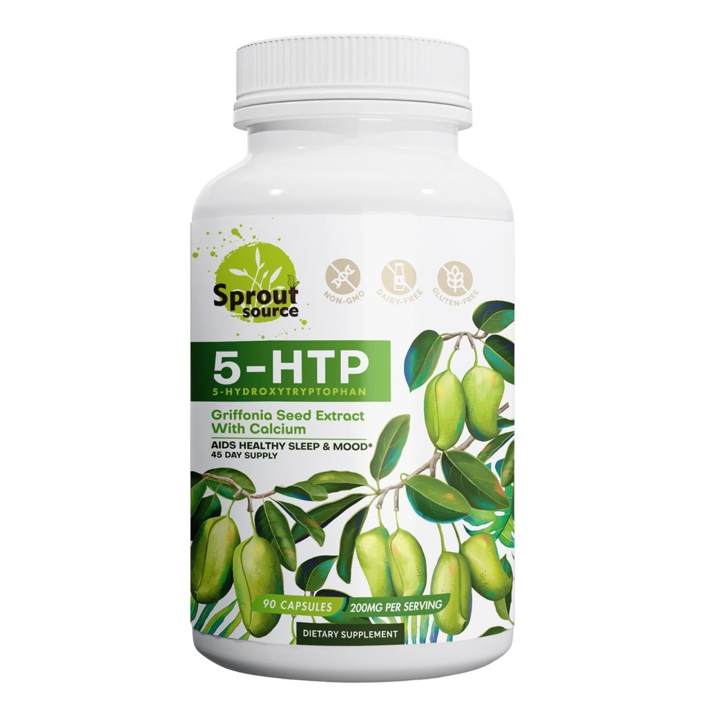 Suplemento 5-HTP 200mg, Suporta sono saudável e humor com cálcio – Não-GMO, sem glúten – 90 Cápsulas