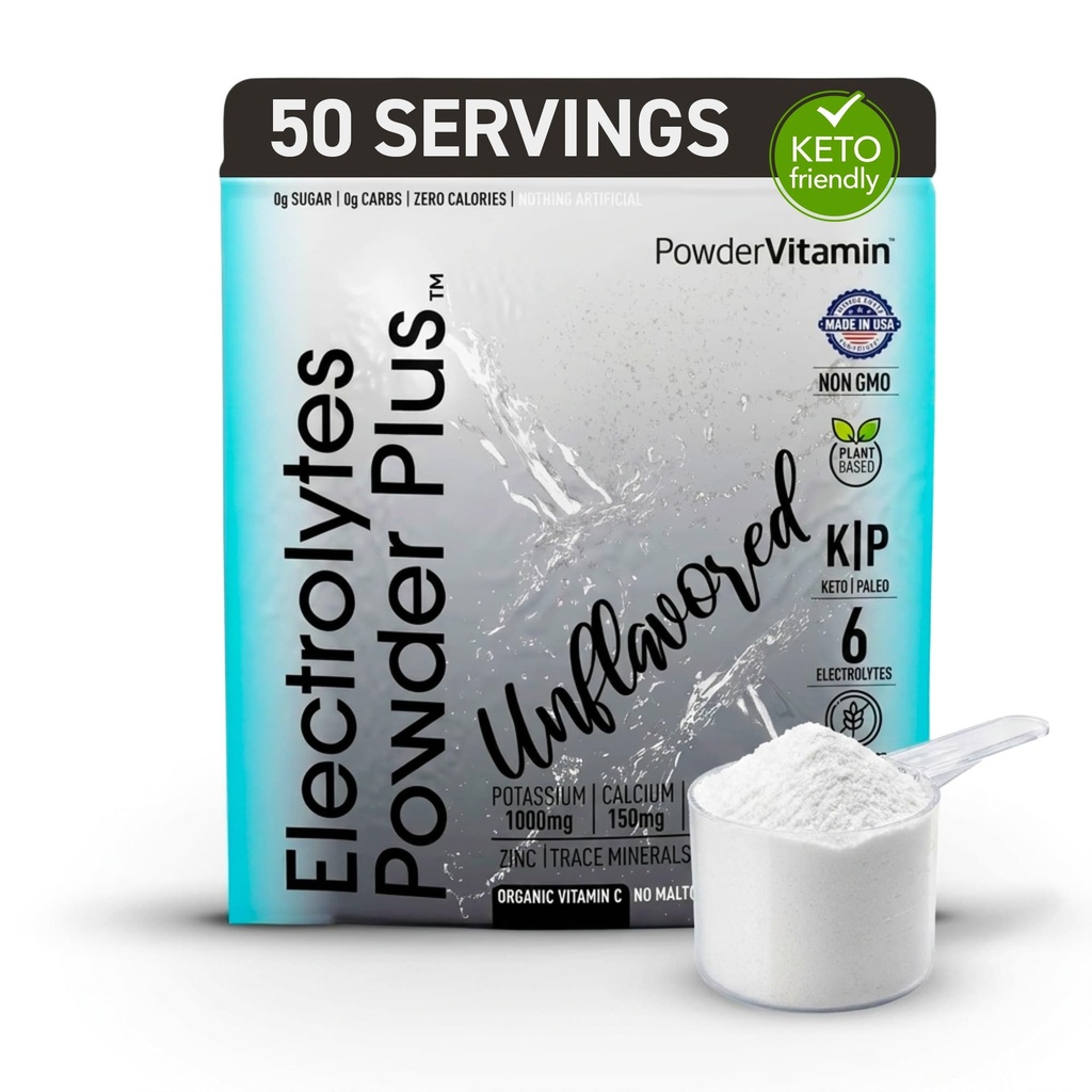 PóVitamina Eletrólitos Pó Plus (50 Servões) Eletrolítico sem sabor em pó Keto, Açúcar livre, Rosa Himalaia Sal.,1000mg Potássio, 150mg Cálcio, 150mg Magnésio, NO Stevia