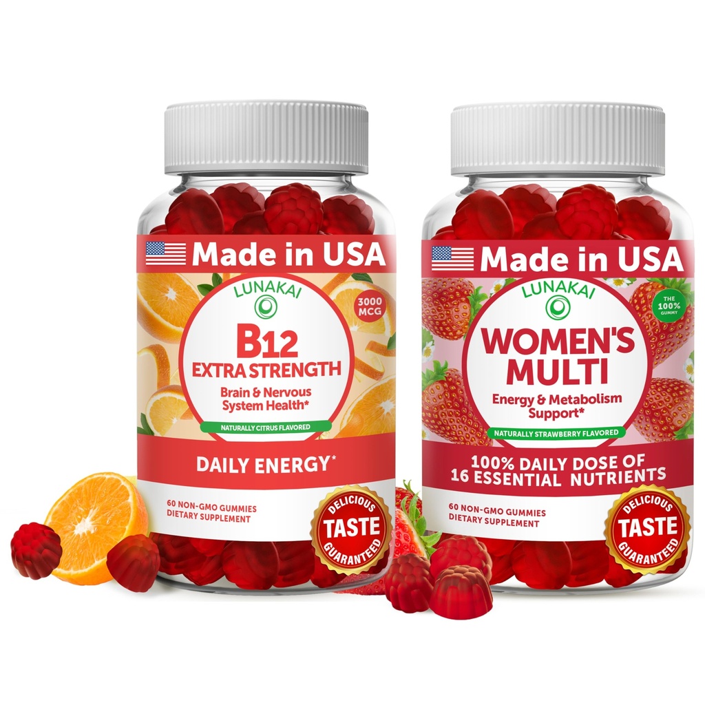 Lunakai Vitamina B12 e chicletes multivitamínicos femininos Bundle - 3000mcg Metilcobalamina Gummy de alta absorção - 100% valor diário de 16 vitaminas e minerais essenciais Suplemento - 30 dias de fornecimento