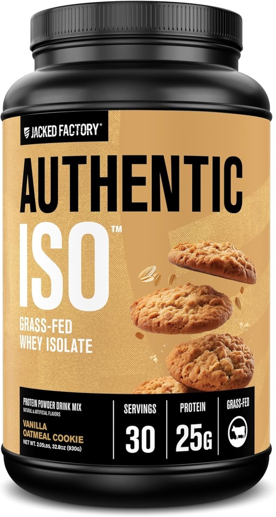 Fábrica Jacked autêntico ISO Grass Fed Whey Protein Isolate Powder - Baixo carboidrato, Não-GMO Muscle Building Protein w / Sem enchimentos, Recuperação pós-treino, Vanilla Aveia Cookie