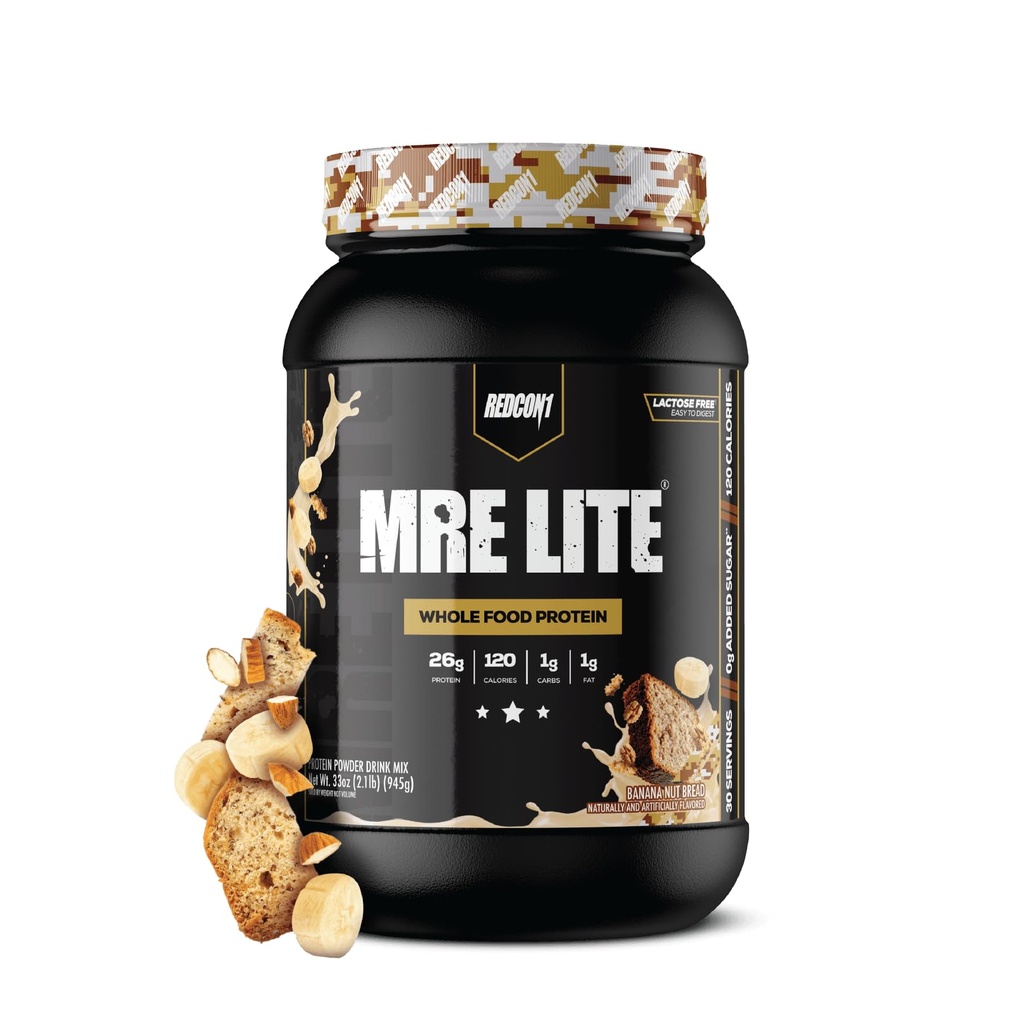 REDCON1 MRE Lite Proteína Alimentar Integral Pó, Pão de Banana Nut - Low Carb & Whey Substituição de Refeição Grátis com Misturas de Proteína Animal - Suplemento Fácil de Digerir Made with MCT Oils (30 Servings)