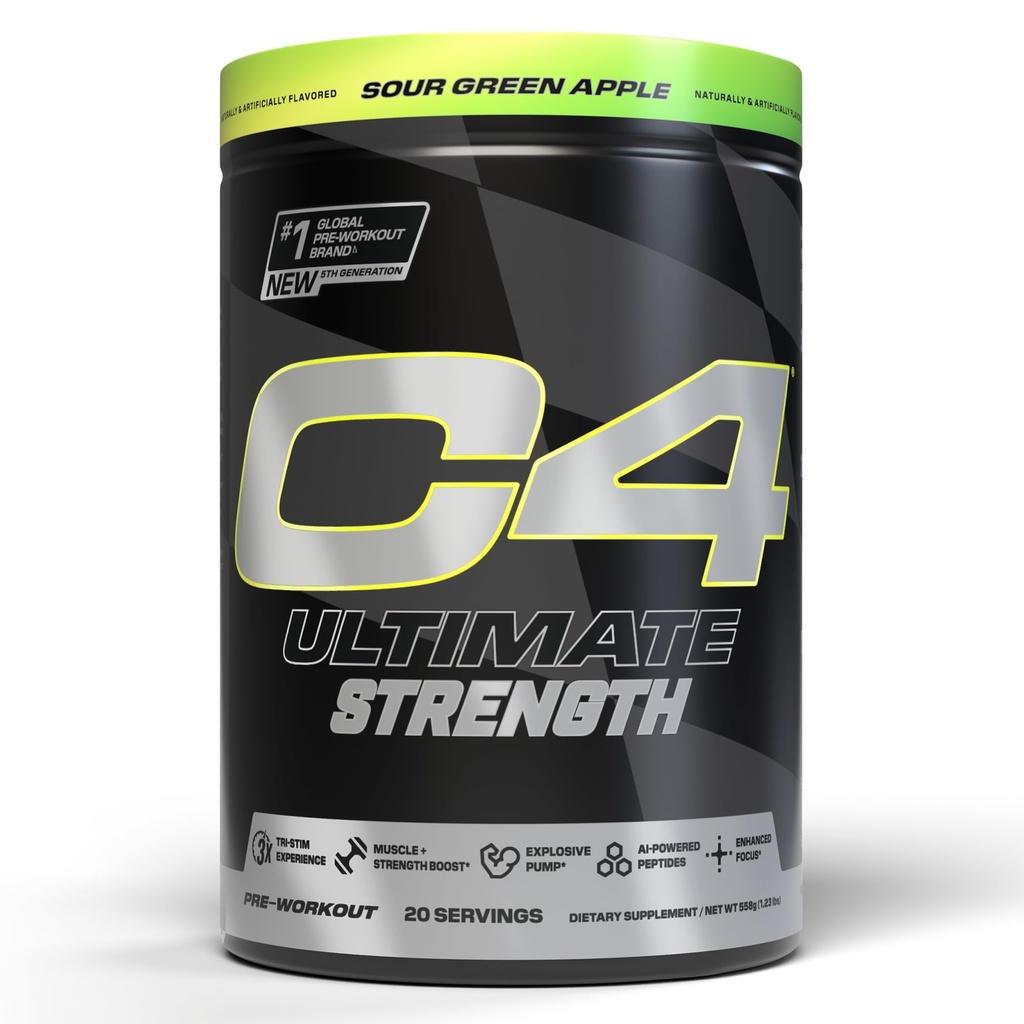 Cellucor C4 Ultimate Strength Pré Treino Pó - Tri-Stim Experience 300mg Cafeína+TeaCrine+Dinamina - Creatina e Beta-Alanina - Suplemento de Energia para Homens e Mulheres - Azedo Verde Apple, 20 Servings