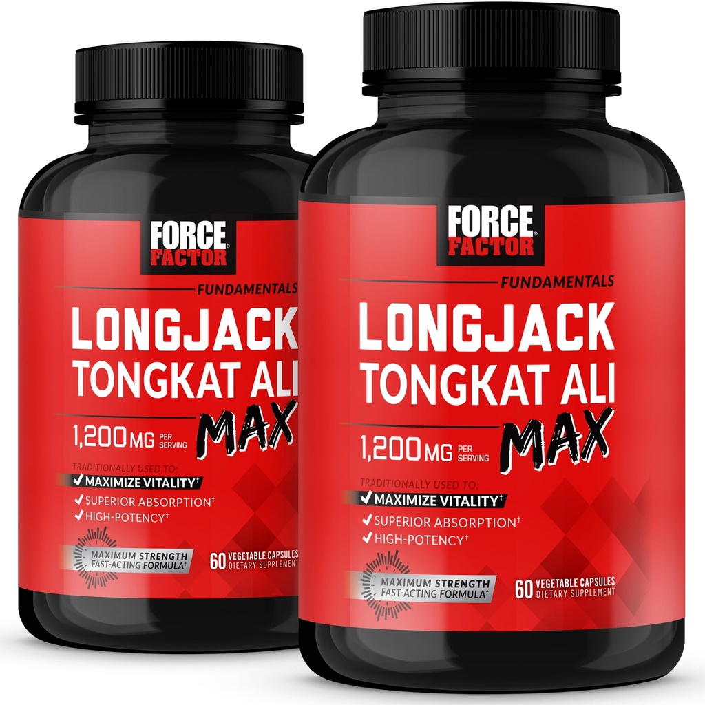 Fator de força Longjack Tongkat Ali Max, Tongkat Ali para homens, resistência masculina e suplemento de vitalidade feito com ingredientes naturais chave para absorção superior, 1200mg, 120 cápsulas, 2-Pack