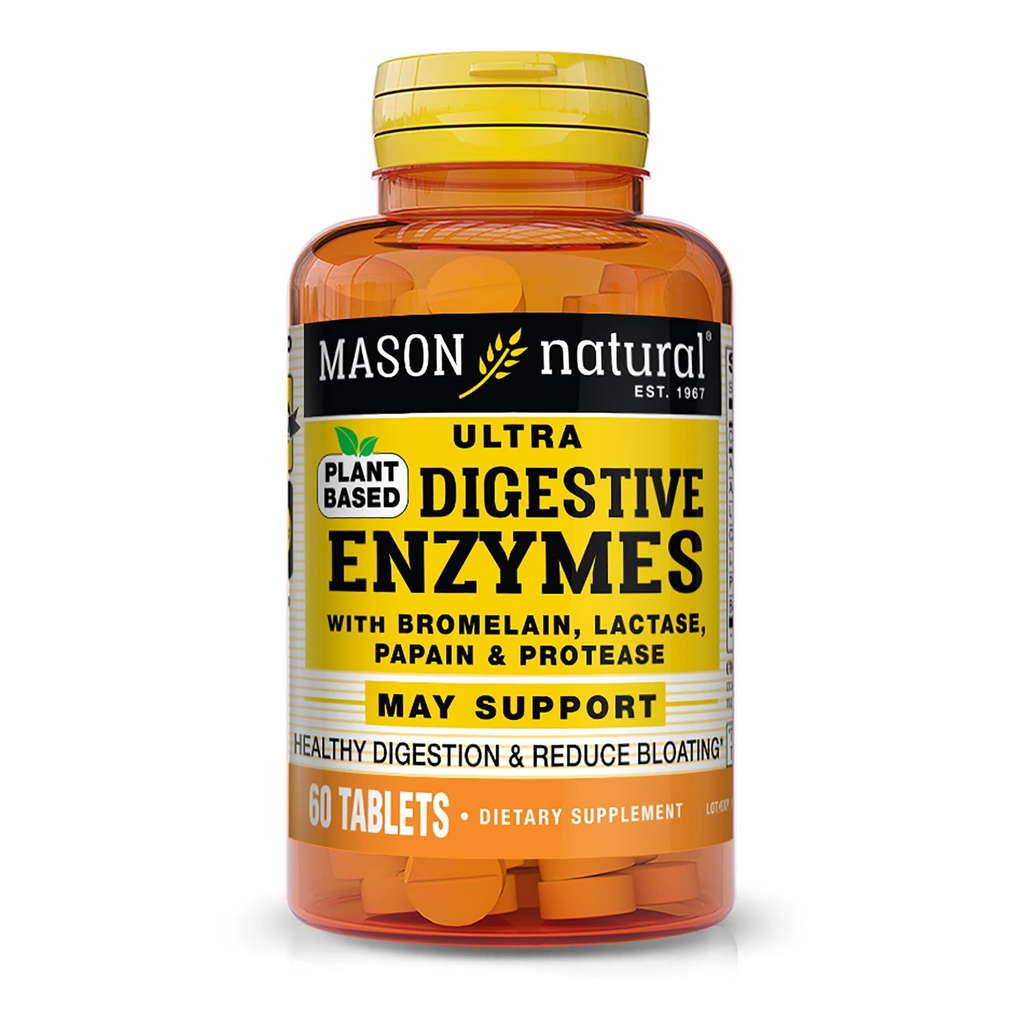 Enzimas Ultra Digestivas Baseadas em Planta MASON NATURAL com Bromelaína, Lactase, Papaína e Protease - Suporta Digestão Saudável e Pode Reduzir Bloating, 60 Cápsulas