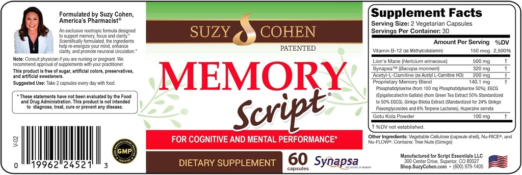 Suzy Cohen Memory Script with Lions Mane, Phosphatidylserine, Green Tea Extract and Ginkgo - Suplemento de Suporte ao Cérebro para Foco - Cápsulas Nootrópicas para Cognição, Recuperação Mais Rápida e Humor