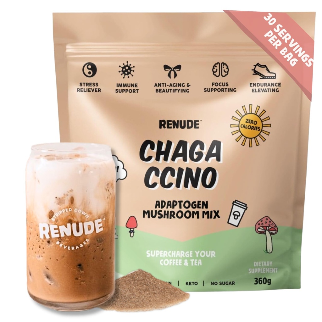 Renude Chagaccino - Chaga Cogumelo em pó, Cogumelo Coffee Drink Mix com Adaptogens, Energia Natural e Imune Support, Vegan, Keto, Zero Calorie Mushroom Blend Powder - 30 Servings