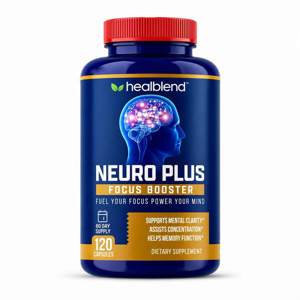 Healblend Neuro Plus Focus Booster - Suplemento de suporte cerebral avançado com vitamina B6, B12, folato - melhora a memória, concentração, clareza mental e função cognitiva – 120 cápsulas