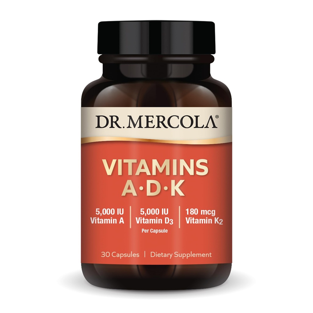 Dr. Mercola Vitaminas ADK, 30 Servings (30 cápsulas), Suplemento dietético, 5000 UI Vitamina A & Vitamina D3, 180 mcg Vitamina K2, Suporta Saúde Imune, Não OGM