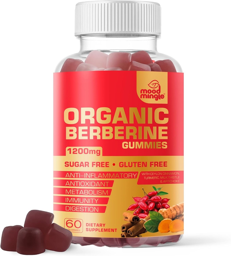 Berberine Supplement Gummies (1200mg) com canela de ceilão, alcaçuz, cardo de leite e alcachofra - sem açúcar, sem glúten, qualidade GMP