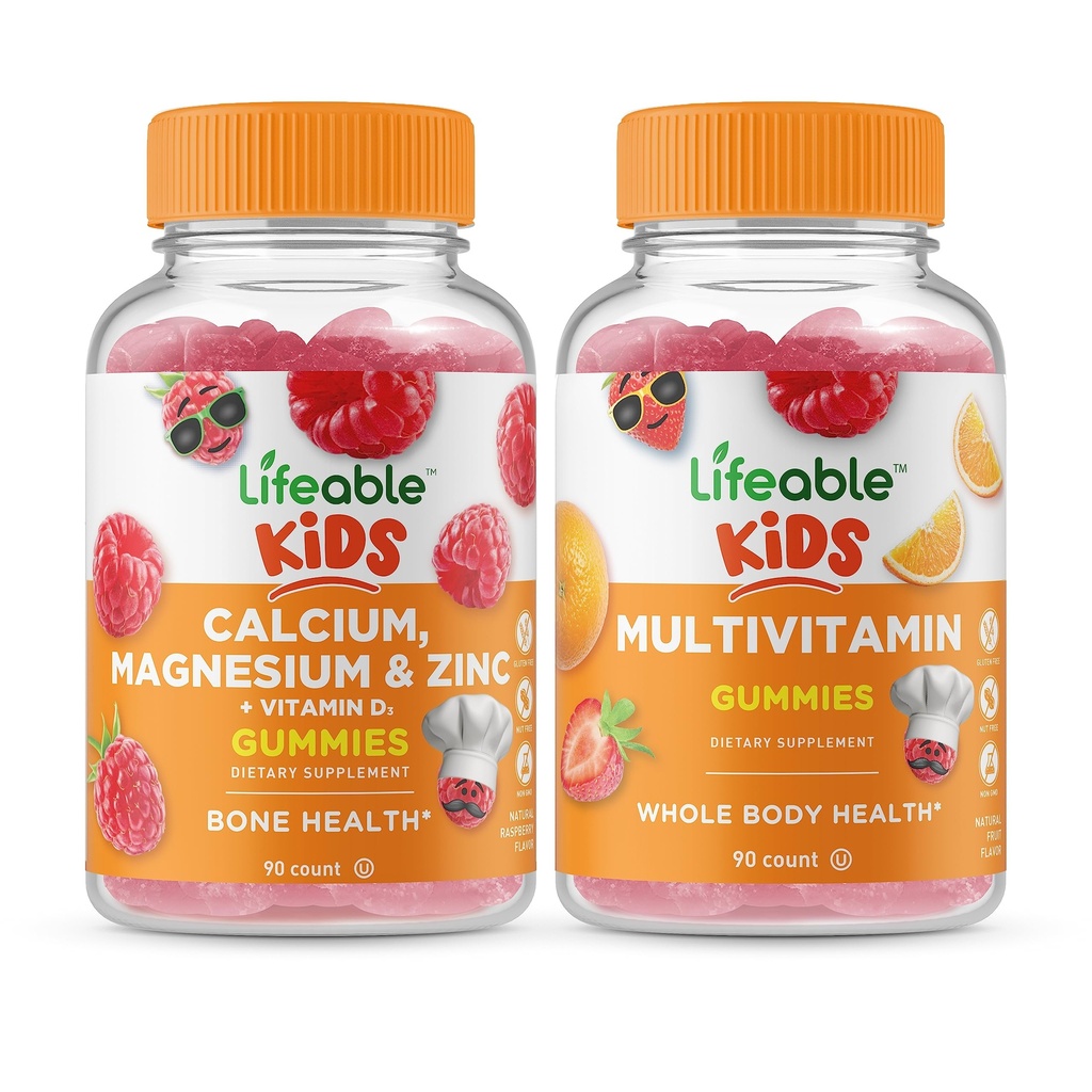 Crianças de magnésio e zinco de cálcio vitalício + Multivitamin Kids, chicletes Bundle - Grande degustação, Suplemento Vitamina, Gluten Free, GMO Free, Gummy mastigável