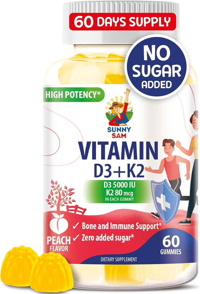 Vitamina D3 K2 sem açúcar chicletes 5000 UI - gomas de suporte imune e ósseo - Suplemento de goma de vitamina D para adultos - alta absorção, Vegan, Halal, Vitaminas mastigáveis sem glúten